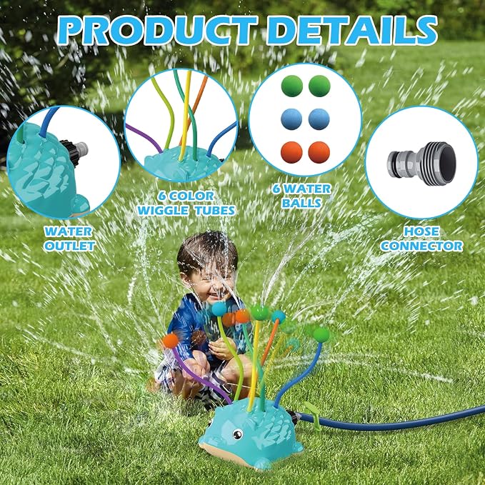 Kids Water Sprinkler Toy, 360° Outdoor Splash Sprinkler with Wiggling Water Arms, Fun Backyard Summer Water Toy for Toddlers, Boys and Girls, Easy Hose Connection for Lawn, Garden and Pool Party