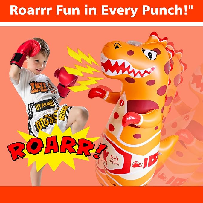 Marwan Sports Dinosaur Punching Bag for Kids Ages 3-10 — 47" Sensory Bop Bag, Glow-in-the-Dark with Roaring Sounds & Color Changing Lights | Indoor Energy Burner & Birthday Gift for Active Kids
