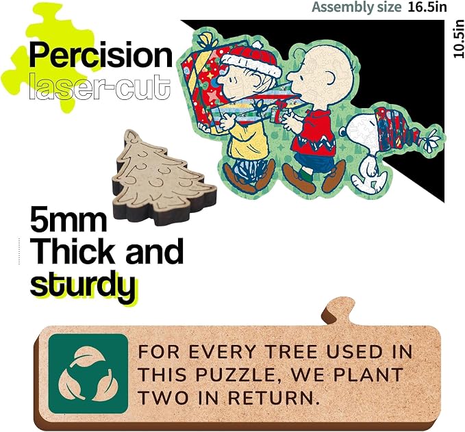 Peanuts Christmas Puzzles for Adults – Snoopy, 300 Pieces Unique Shaped Charlie Brown Wooden Jigsaw Puzzles, 5MM Thick, Officially Licensed Merchandise – Merry Unwrapping, 16.5" x 10.5"