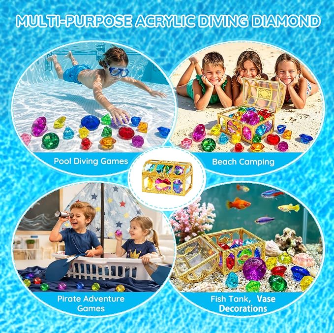 Swim Diving Games Pool Toys 17PCS Big Colorful Diamond Toy with Treasure Box Chest Summer Underwater Gemstone Outdoor Water Accessories for Kid Age 5 6 7 8 9 10 11 12 Year Old Girl Boy Stuff Fun Gift