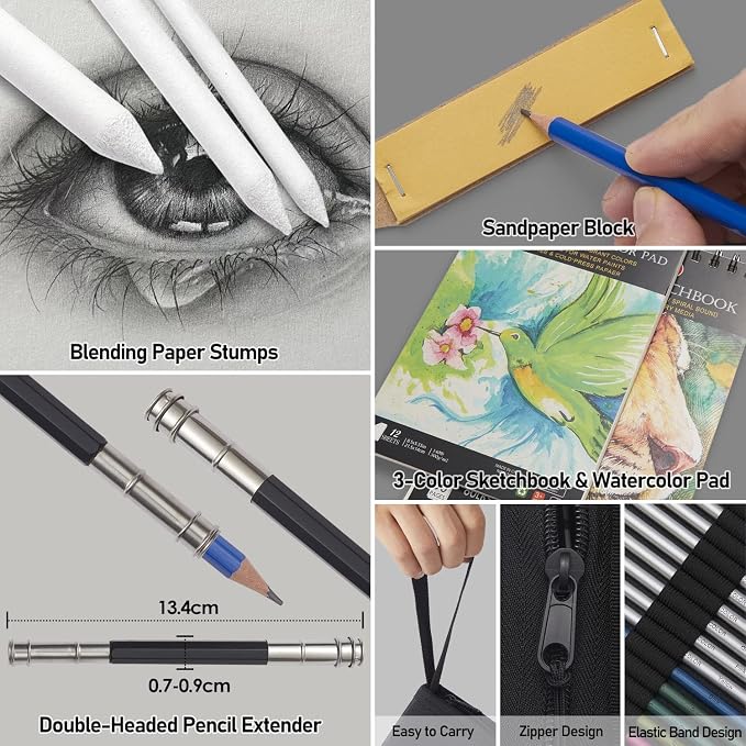 PANDAFLY 80 Drawing Set Sketching Kit, Art Supplies with 3-Color Sketchbook & Watercolor Paper, Include Tutorial, Colored, Graphite, Charcoal, Watercolor & Metallic Pencil, for Beginners & Pro Artists