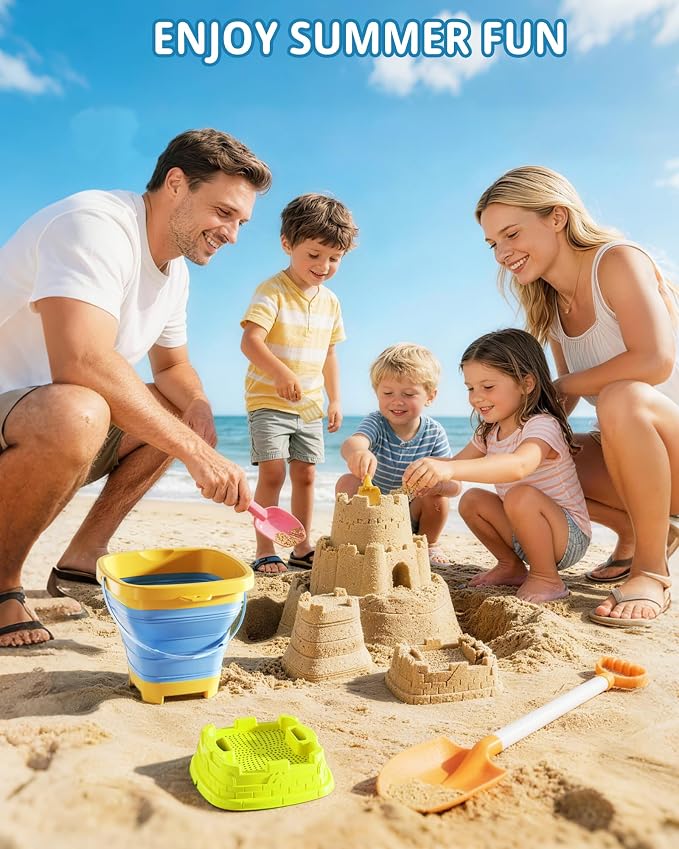 Beach Toys Set, 3 Collapsible Buckets, Detachable Large Pointed Sand Shovel, Flat Shovel, Rake, Scoop, Mesh Bag, Toddler Sandcastle Kit, Travel, Beach Party, Outdoor Summer Fun