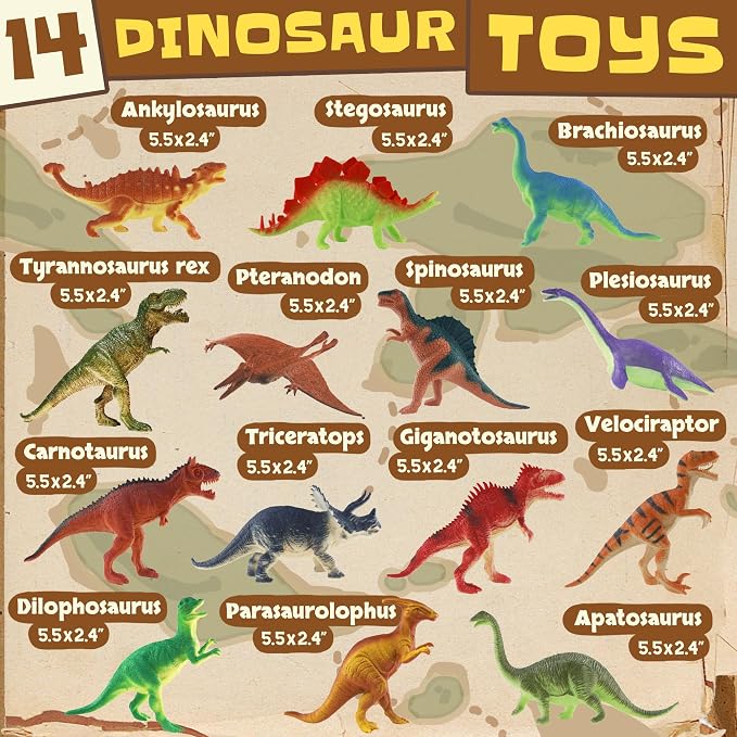 Zippytots Dinosaur Toys for Kids 3-5-7-14 Realistic Plastic Dinosaur Figures with Metal Storage Box & Learning Booklet - Educational Dino Figure Toys for Boys Girls Toddlers
