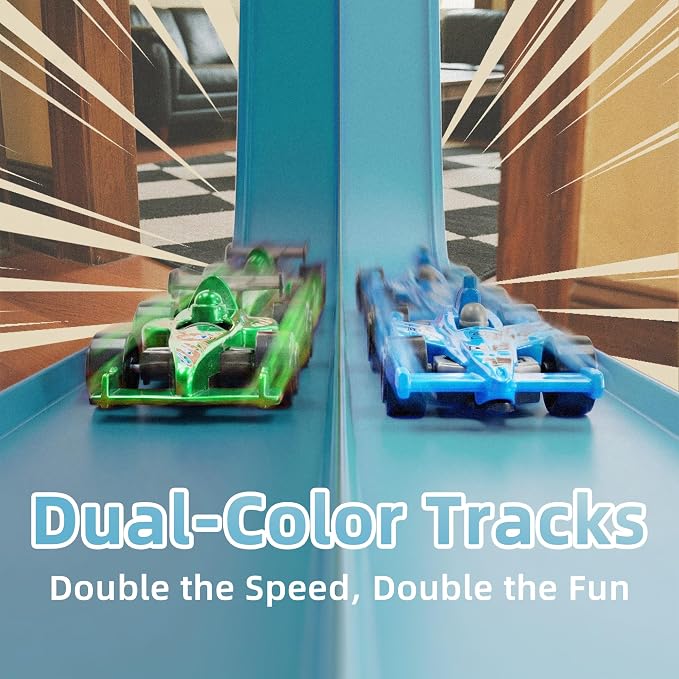 Flexible Race Car Track for Kids, 15 Ft Bendable Track with 3 Cars & 3 Suction Cups, Compatible with 1:64 Diecast Cars, Window & Tile Racing Toy for Toddlers Ages 3+, Green