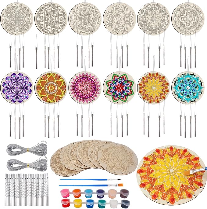 HOTPLACY 24 Sets Mandala Wind Chimes Craft for Kids | DIY Wood Hanging Bulk Ornaments, Painting Craft, Color Your Own, School Home Party Activity Project Decor