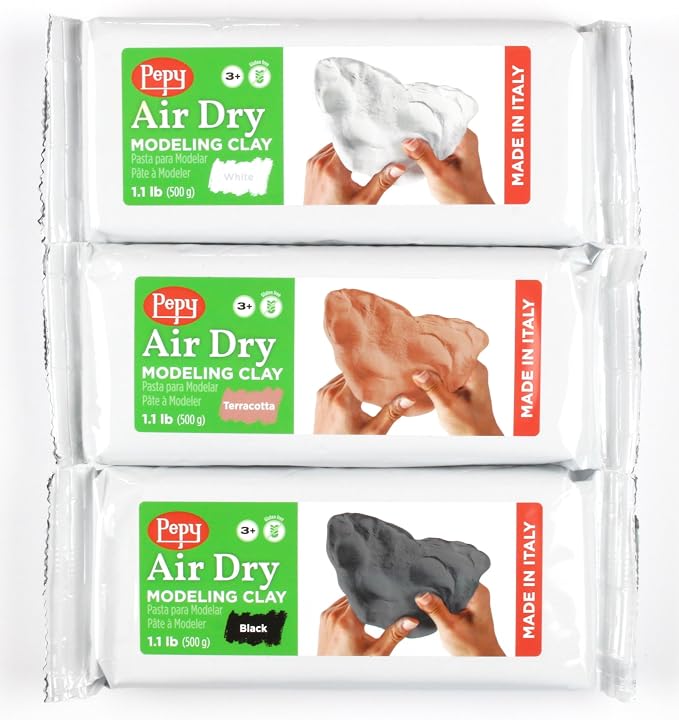 Pepy Premium European Air Dry Modeling Clay Multicolor 3 Pack 1.1 lb Bars, 3.3 lbs Total, Includes White, Terracotta & Black, Air-Hardening Clay for Classroom, Montessori Sculpting & Crafts Projects