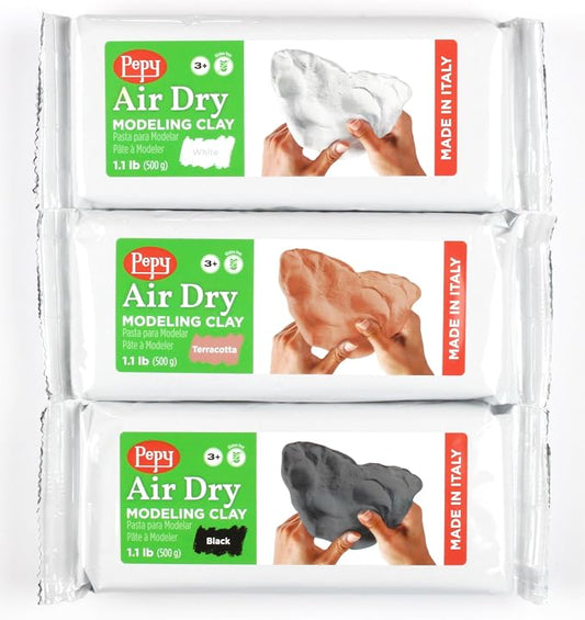 Pepy Premium European Air Dry Modeling Clay Multicolor 3 Pack 1.1 lb Bars, 3.3 lbs Total, Includes White, Terracotta & Black, Air-Hardening Clay for Classroom, Montessori Sculpting & Crafts Projects