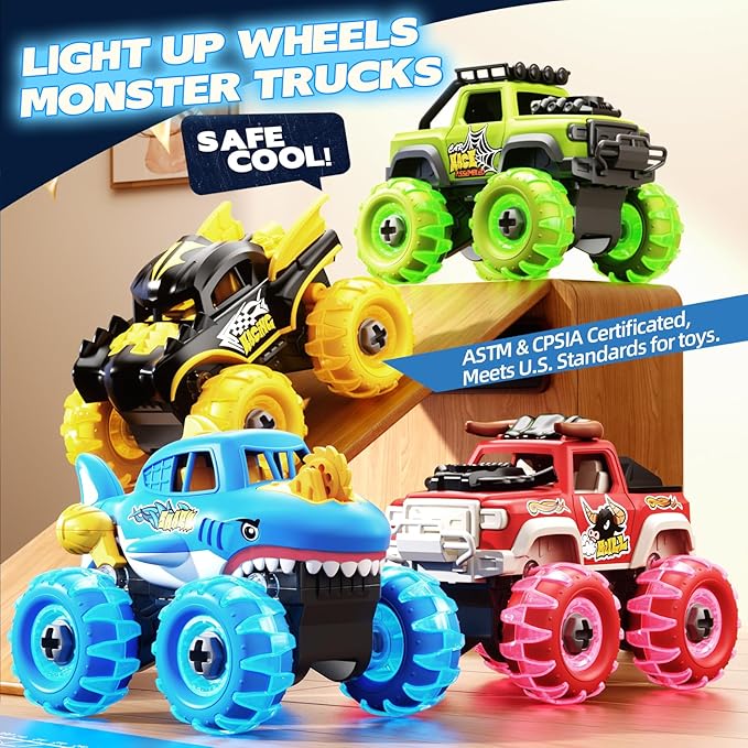 4 Pack Monster Truck Toys for 2 3 4 5 6 7 Year Boys, Light-Up Car Toys with Light-Up Wheels, Take Apart Toys Trucks for Toddler Toys 2-3, Birthday for Toddler Boys Ages 2-4