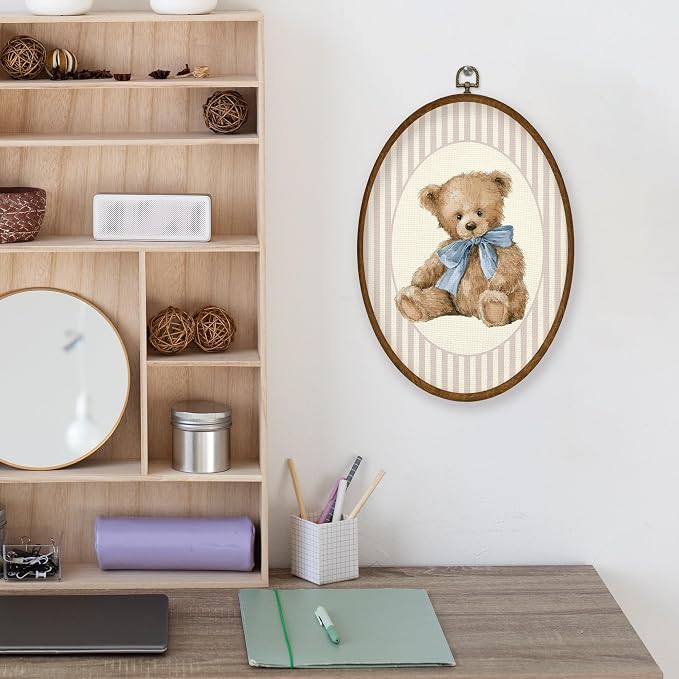 WULQYING Vintage Bear Nursery Wall Art Decor, Girl Nursery Oval Framed Canvas Art Prints, Neutral Blue Bow Cute Bear Wall Hanging Decor for Kids Toddler Baby Girls Room Bedroom, 8.6x11.4 Inches