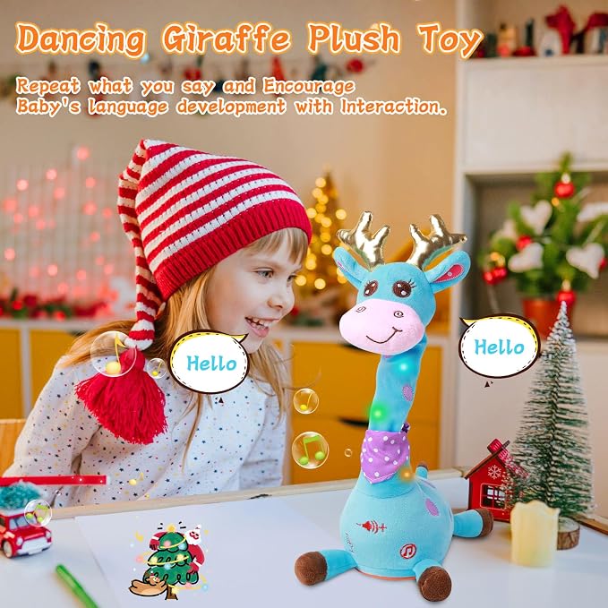 LUKETURE Dancing Talking Singing Blue Giraffe Stuffed Plush with Golden Antlers,Interactive Stuffed Animal Toy, Musical Plush with Record & Repeat, Sings 10 Songs, LED Lights
