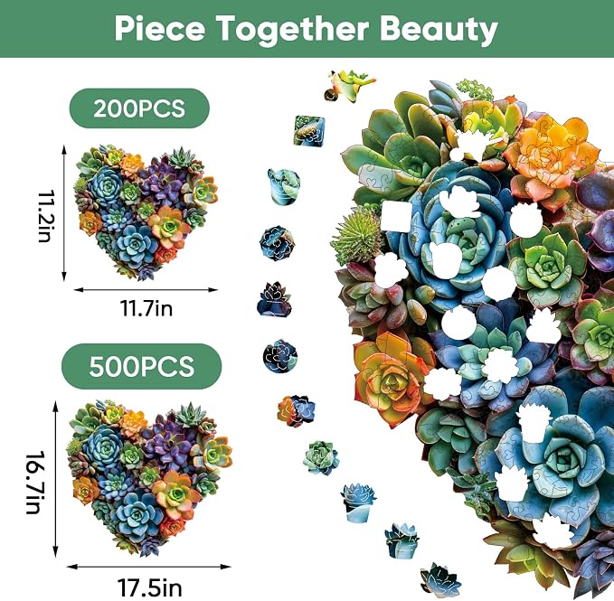 Mys Aurora Puzzles for Adults 500 Pieces, Heart Succulent Jigsaw Puzzles, Unique Shaped Wooden Puzzles for Adults and Kids， Fun Challenging Family Plant Puzzle Game 17.5'' x 16.7''