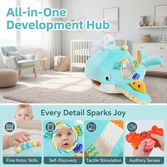 Baby Sensory Toys 6-12 Months - Montessori Ocean Adventure Set with Soft Whale & 6 Sea Animals, Rattle, Crinkle, Squeaker & Mirror for Fine Motor Development
