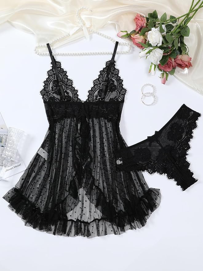 Foxiny Sexy Open Front V Neck Ruffle Sheer Mesh Lace Wireless Babydoll Lingerie Dress with Thong 2 Piece