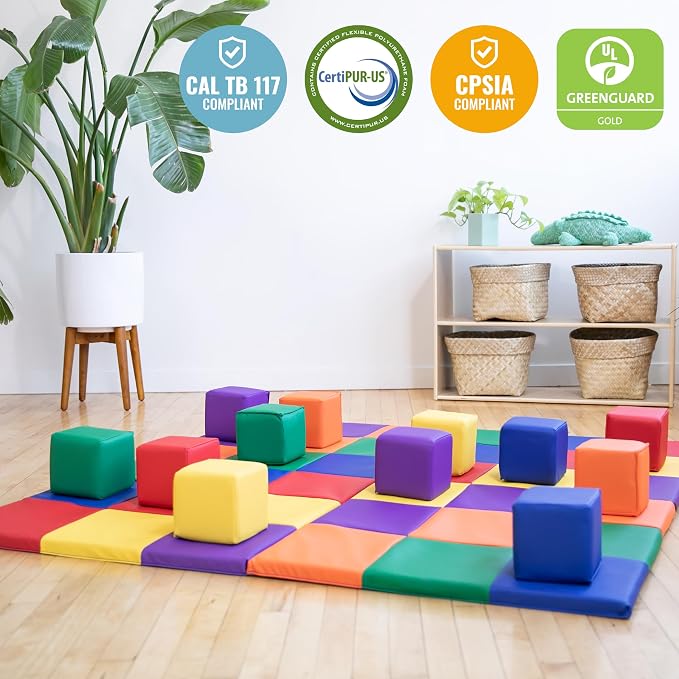 ECR4Kids SoftZone Patchwork Toddler Activity Mat and 12 Stacking Block Set, Colorful Baby Crawling and Tummy Time Foam Pad and Building Blocks, Padded Infant Floor Mat, Foldable Design