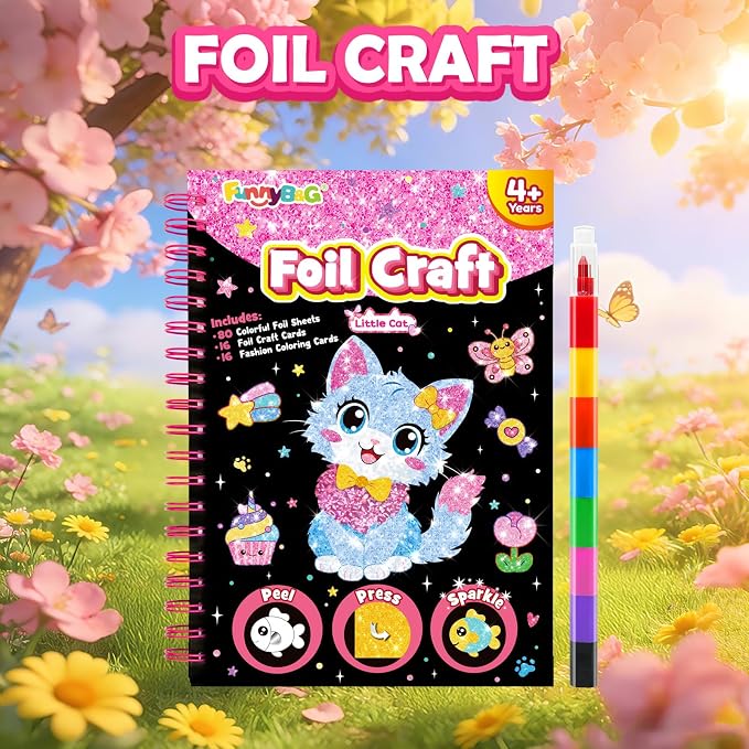 FUNNYB&G Foil Art Craft Kit for Girls 4-10 Years Old: Mess-Free & No-Glue, Create 16 Sparkly Cute Little Cat Pictures – Perfect Travel Toy & Birthday Gift for Kids (Little Cat)