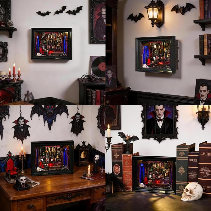 Book Nook Kit-3D Wooden Puzzle with LED Switch Control & Wall-Mountable Frame,DIY Miniature House for Beginners,Bookshelf/Tabletop/Wall Decor for Craft Lovers,Dollhouse Gift,Count Dracula