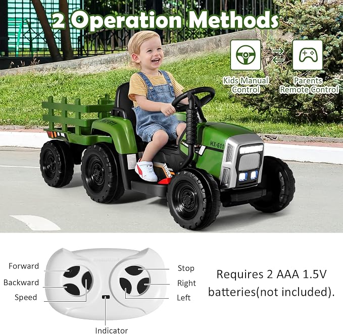 HONEY JOY Ride On Tractor with Trailer, Toddler 3-Gear-Shift Ground Loader, LED Lights, Horn, Music, 12V Battery Powered Electric Toy Tractor with Remote Control(Dark Green)