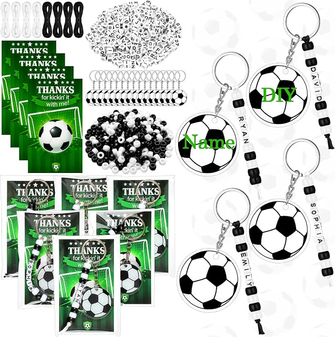 Suncalla 984 Pcs 24 Set Soccer Bead Keychain Making Kit DIY Soccer Bag Tag Sport Key Chain Crafts Adjustable Letter Beads Cards Strings Kit Team Gift Backpack Accessories Party Favors(White Black)
