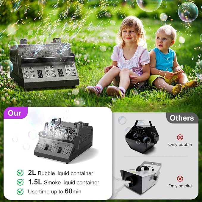 2000W Fog Bubble Machine, 3 in 1 Bubble Machine with 2 Bubble Fans,7 CH 18 RGB LED Lights Smoke Bubble All IN 1 Machine, Fog Machine Stage Effect for Party, Wedding, Halloween, 2 PACK