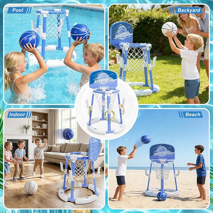 2 in 1 Pool Basketball Hoop with Backboard & Ring Toss Game,Floating Pool Toys with 4 Balls 8 Rings&Pump Summer Water Basketball Indoor Outdoor Toy Gifts Family Party for Kids Age 3-5 4-8 8-12& Adult
