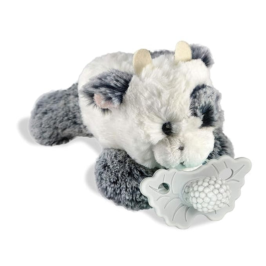 RaZbaby Cow RaZbuddy w/RaZberry Teething Relief Pacifier – Soothes Sore Gums w/Nature-Inspired Texture, 100% BPA-Free Silicone Teether, Detachable Stuffed Animal – 3 Months+ Teether, Grey