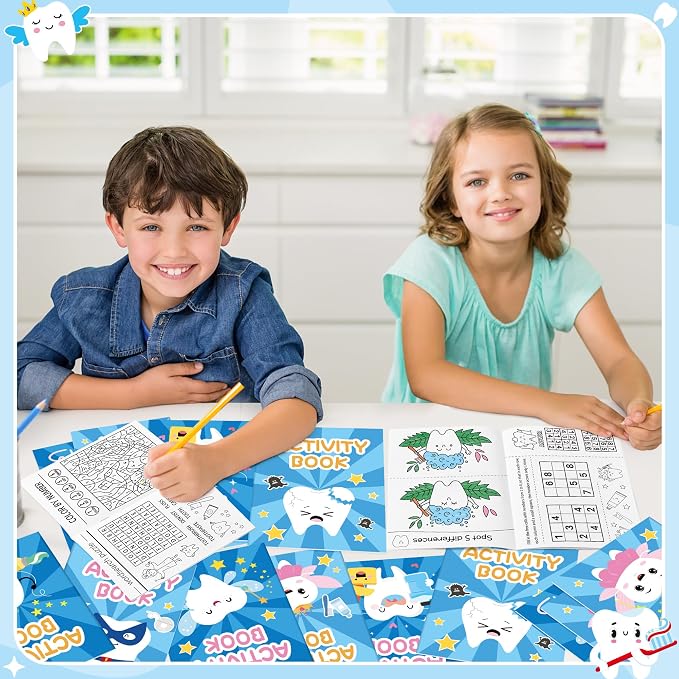Tooth Activity Books for Kids - 24Pcs Cute Tooth Fairy Mini Games Coloring Book Set Bulk Cartoon Novelty Teeth Themed Mazes Word Search Word Scramble Games for Classroom DIY Art Gifts Party Favors