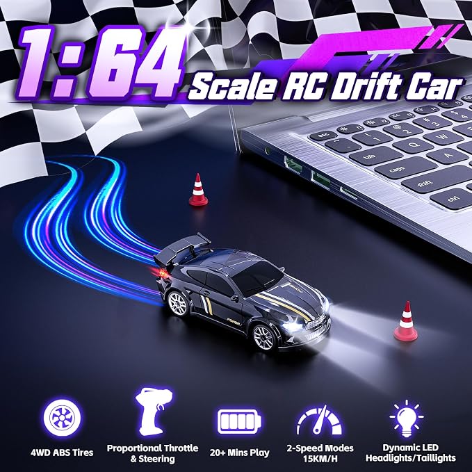 Mini RC Car 1:64 Scale, Remote Control Car with LED Lights & 2-Speed Modes, 2.4GHz RC Drift Car Toys with 4 Obstacles & Track Mat, Hobby Gift for Kids & Adults, Black