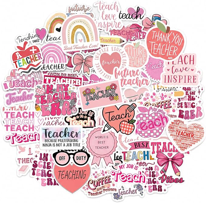QTL Teacher Stickers for Teachers Students, Teacher's Day Party Supplies, Waterproof Vinyl Stickers for Water Bottles and Laptop, 50PCS