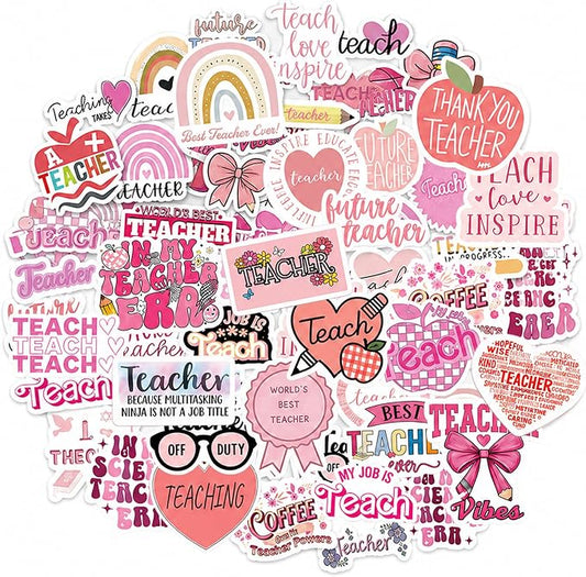 QTL Teacher Stickers for Teachers Students, Teacher's Day Party Supplies, Waterproof Vinyl Stickers for Water Bottles and Laptop, 50PCS