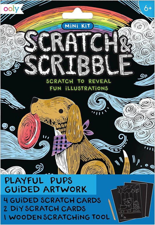 Ooly Mini Scratch & Scribble Art Kit - 6 Card Rainbow Scratch Art Set Gifts for Kids, Travel-Friendly Craft Kit, Scratching Tool Included - Playful Pups