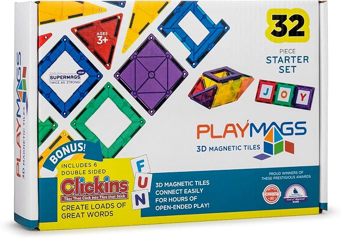 Playmags Magnetic Tile Set, 32-Piece Magnets Building Blocks for Kids, Bonus Clickins ABC Tiles -– STEM Learning Toys for Kids – Strong, Durable, Educational Magnet Blocks for Creative Plays