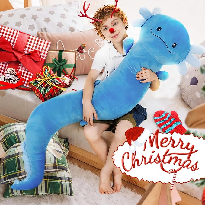 Tianmihou 48 Inch Giant Axolotl Plush Pillow, Big Blue Axolotl Stuffed Animal, Glow in The Dark Salamander Plushie, Soft Large Axolotl Body Pillow, Cute Birthday Gift for Kids Adults