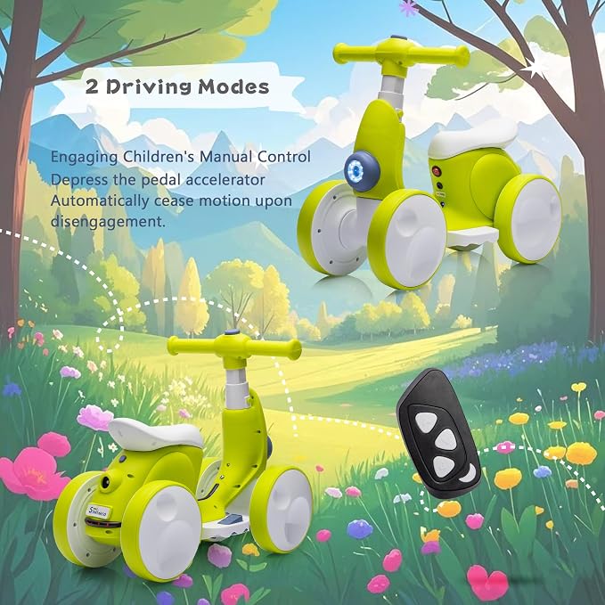 6V Electric Baby Balance Bike for 1 Year Old Boys Girls Ride on Toys 12-36 Months Toddler Balance Bike, 4 Wheels Kids First Bike with Remote Control First Birthday Gifts- Cyan