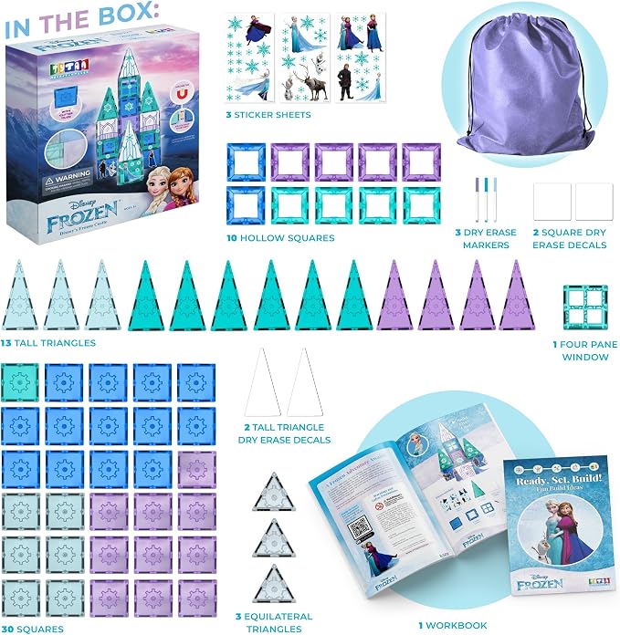 Tytan Toys Disney Frozen Magnetic Tiles Princess Castle - 68-Piece STEAM Building Set with Glitter Tiles & Elsa, Anna, Olaf Stickers - Educational Frozen Toys for Girls Age 3-4+