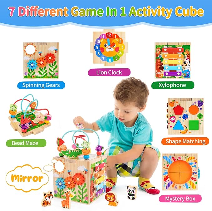 KMTJT Wooden Activity Cube Toddler Toys 12-18 Months, 7-in-1 Montessori Learning Toys for 1 2 Year Old Boys Girls, Bead Maze Sensory Toy, First 1st Birthday Gifts with Sorting & Stacking Board (Pink)