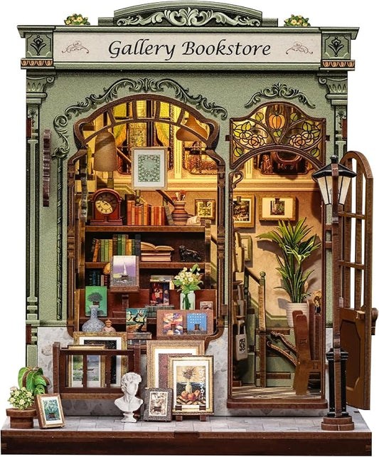 Cutefun Book Nook Kit - DIY Miniature Dollhouse Kit for Adults and Teens, 3D Wooden Puzzle Bookshelf Insert Decor with LED Light, Gifts for Book Lovers and Beginners (Gallery Bookstore)