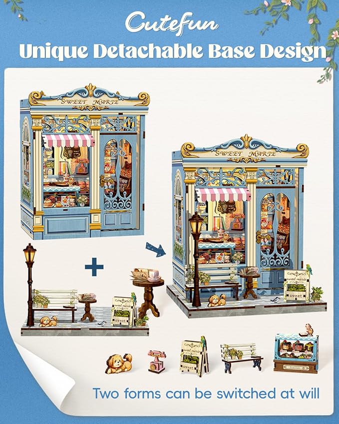 Cutefun Book Nook Kit - DIY Miniature Dollhouse Booknook Kit for Adults and Teens, 3D Wooden Puzzle Bookshelf Insert Decor with LED Light, Gifts for Book Lovers and Beginners (Sweet Marie)