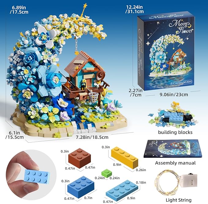 SUNHABI Moon Flower Mini Bricks Building Set, Fairy Cabin and Blue Flower Bouquet, Mini Building Blocks Botanical Collection Set, Unique Home Decor, Gift for Her and Him - 1622 Pcs Mini Bricks