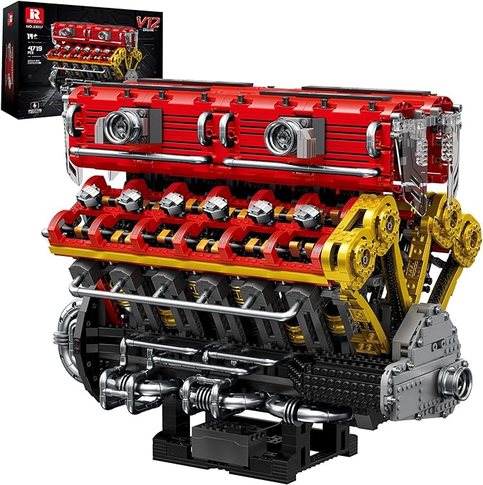 Reobrix V12 Engine Building Block Sets for Adults 33017 Sports Car Engine Model Kit Technic Electric Engine Model Kit with Motor and Battery Construction Toys Gift for Adults(4719PCS)