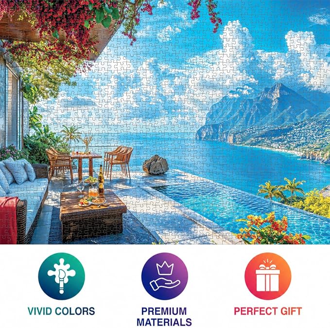 Cross & Glory - Patio by the Sea - 1000 Piece Jigsaw Puzzle for Adults | Serene Coastal Patio and Ocean View Puzzle | Challenging Puzzle for Adults | Eco-Friendly Materials