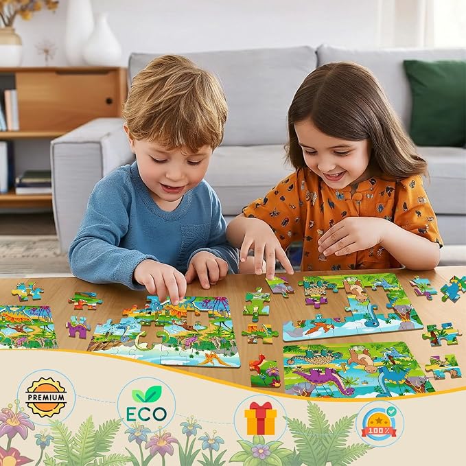 Wooden Puzzles Dinosaur Toys for Kids Ages 4-6, 4 Packs 24 Piece Wooden Jigsaw Puzzles Preschool Educational Brain Teaser Boards Toys Gifts for Boys and Girls 3 4 5 6 Years Old