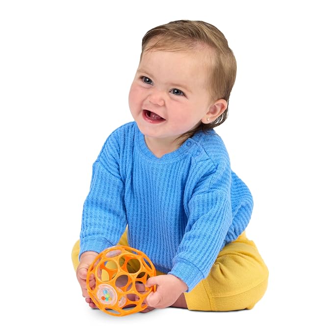 Bright Starts Oball Rattle Ball, Easy-Grasp Infant Rattle with Finger Holes, Orange, 0-36 Months