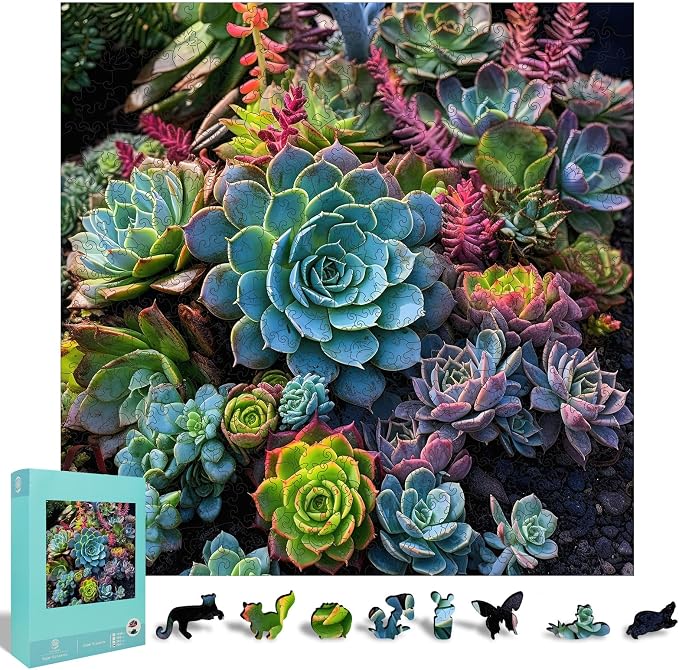 Mys Aurora Succulent Wooden Puzzles for Adults, 200 Unique Shape Jigsaw Puzzles, 5MM Thick, FSC Certified Box, Family Games for Kids and Adults