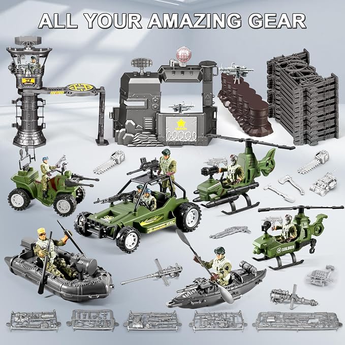 87-in-1 Army Men Toys Sets for Boys 4-7 8-12 , Military Base/Truck/Helicopter/Kayak Boat/Motorcycle/Army Men Action Figures/Weapon Gears, Army Toys for Boys Kids Birthday Gifts Party Favors