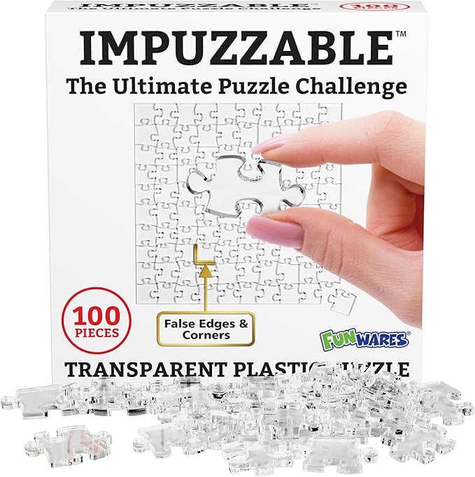 Funwares 100-piece ImPuzzable Clear Puzzle – Insanely Hard Brain Teaser for Adults – Acrylic Jigsaw with False Edges and Fale Corners – Funny White Elephant Gift