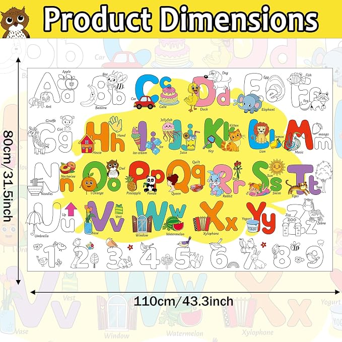 ZOIIWA Alphabet Coloring Poster Giant Coloring Poster Large Number Letter Coloring Tablecloth Jumbo Coloring Books Classroom Home Birthday Party Supplies Favor 31.4 x 43.3 Inch
