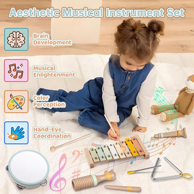 Baby Musical Instruments - Toddler Musical Toys Montessori Wooden Xylophone Maracas Tambourine Percussion Set for 18+ Months, Kids Educational Music Learning Toys, Birthday Gifts for Boys Girls