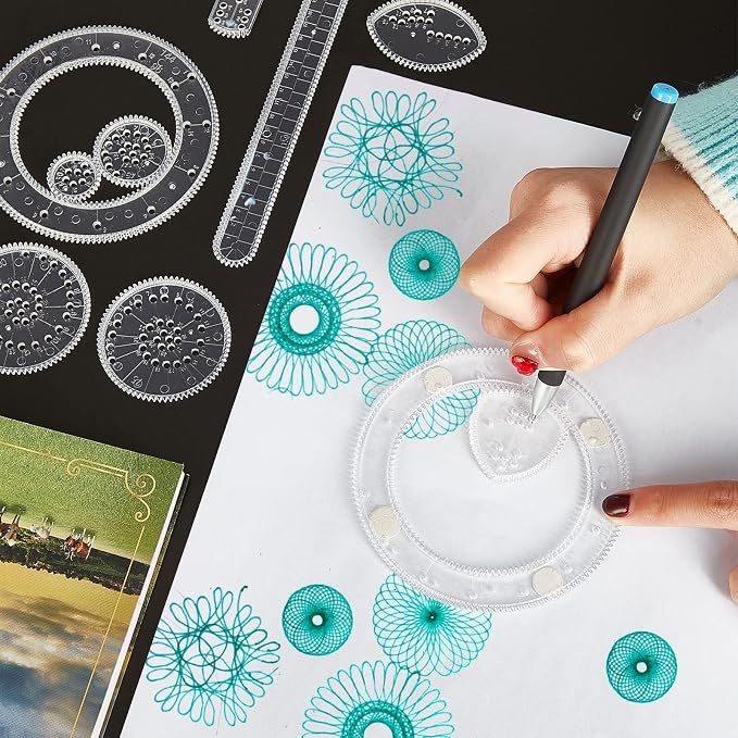 Chivao Spiral Art Kit Circle Stencils Drawing Tool Gear Geometric Ruler Circle Template Drawing Kit Plastic Spiral Curve Stencils with Pens Paper for Back to School Gifts DIY Crafts Sketch(Classic)