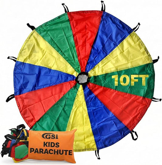 GSi Kids Play Parachute Rainbow Parachute Toy Tent Game for Children Gymnastics Cooperative Play and Outdoor Playground Activities (10 Feet)