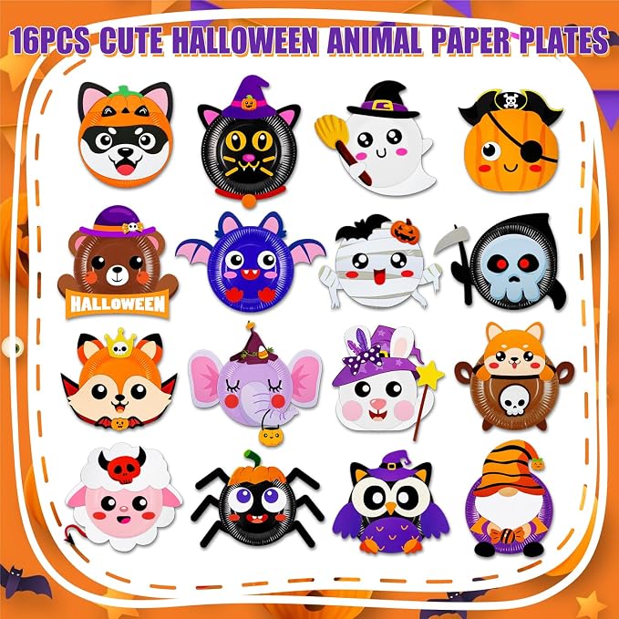 16 Pack Arts and Crafts for Kids, Toddler Crafts Animal Paper Plate Art Kit Gift for 3 4 5 6 Year Old Boys Girls DIY Kids for Birthday Party Favor Preschool Classroom Party Games (Halloween)